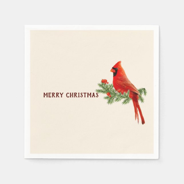 Red Kardinal Bird Frohe Weihnachtszeitung Napkin Serviette (Vorderseite)