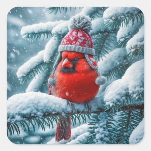 Red Kardinal Bird Wear Winter Hat Quadratischer Aufkleber