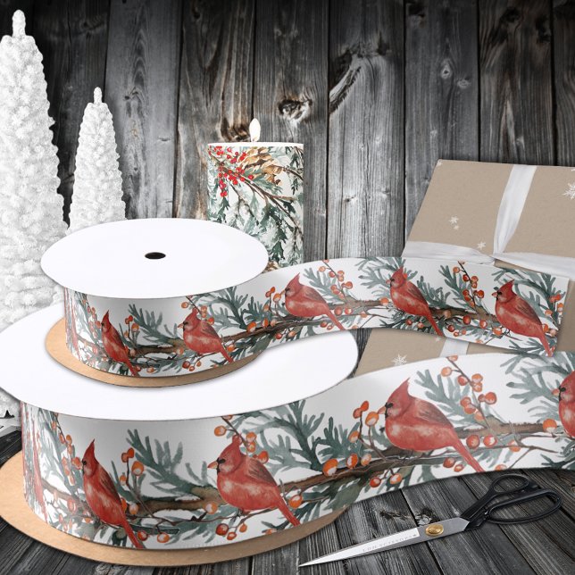 Red Kardinal Bird Winter Fütternd auf Ilex Berries Satinband (Red Cardinal Winter Feeding On Ilex Berries Satin Ribbon In 1
.5 & 3 Inch Widths)