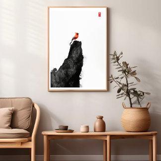 Red Kardinal Bird - Zen Tinte Wash Wall Poster