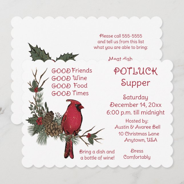 Red Kardinal Wreath Christmas Pot Luck Supper Einladung (Vorne/Hinten)