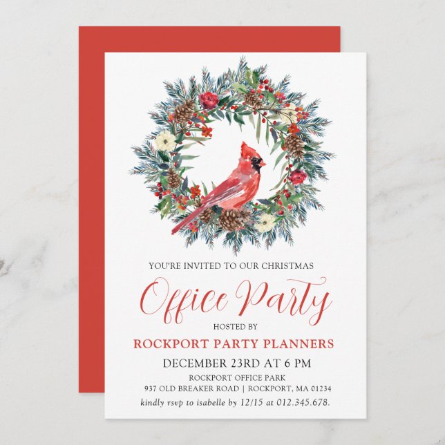 Red Kardinal Wreath Weihnachtsbüro Party Einladung (Vorne/Hinten)