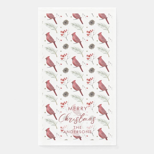 Red Kardinals und Winter Berries Custom Christmas Serviette (Vorderseite)