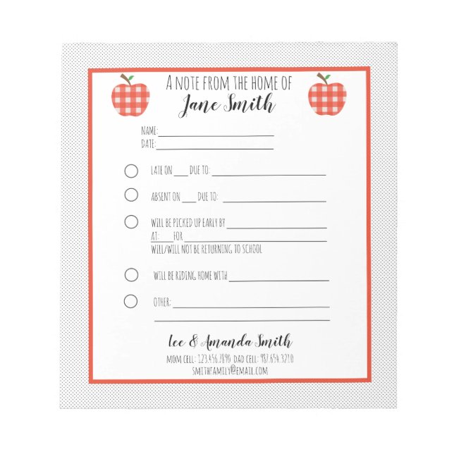 Red Kariert Apple School Entschuldigung Notizblock (Vorderseite)