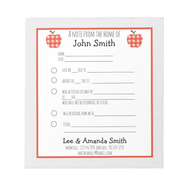Red Kariert Apple School Entschuldigung Notizblock (Vorderseite)