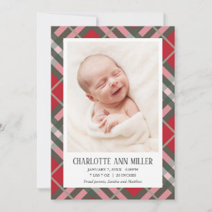 Red Kariert Baby Birma Announcement Foto Card Ankündigung