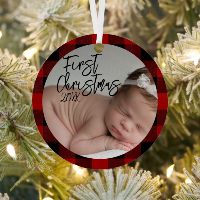 Red Kariert Baby's First Christmas Ornament Aus Metall (InSitu)