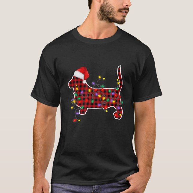 Red Kariert Basset Hound Hund Weihnachtslicht Paja T-Shirt (Vorderseite)
