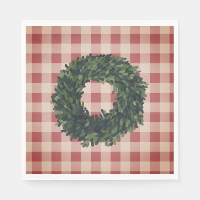 Red Kariert Boxwood Wreath Country Stilvoll Serviette (Vorderseite)