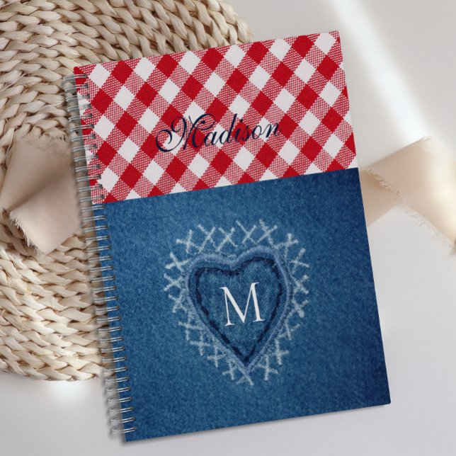 Red Kariert Buffalo Karo Denim Heart Monogram Planer (Von Creator hochgeladen)
