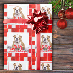 Red Kariert Bulldog Dog Foto Frohe Weihnachten Geschenkpapier