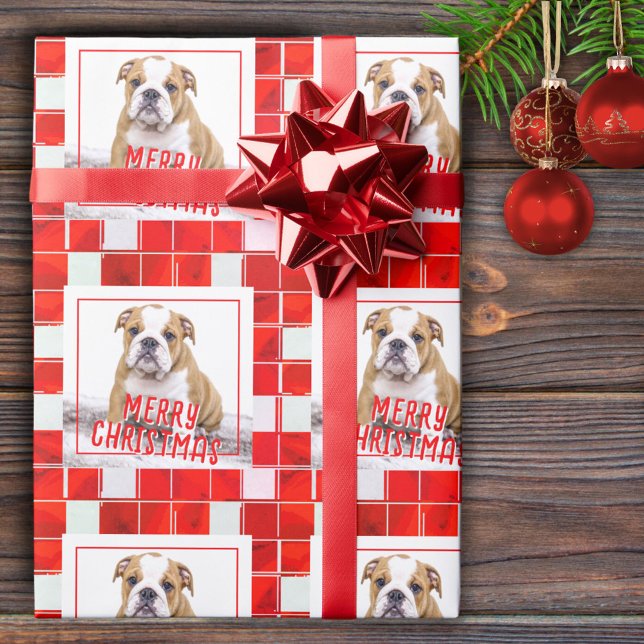 Red Kariert Bulldog Dog Foto Frohe Weihnachten Geschenkpapier (Von Creator hochgeladen)