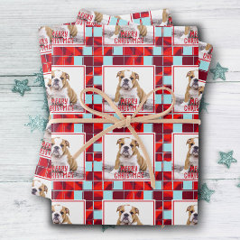 Red Kariert Bulldog Dog Foto Frohe Weihnachten Geschenkpapier Set