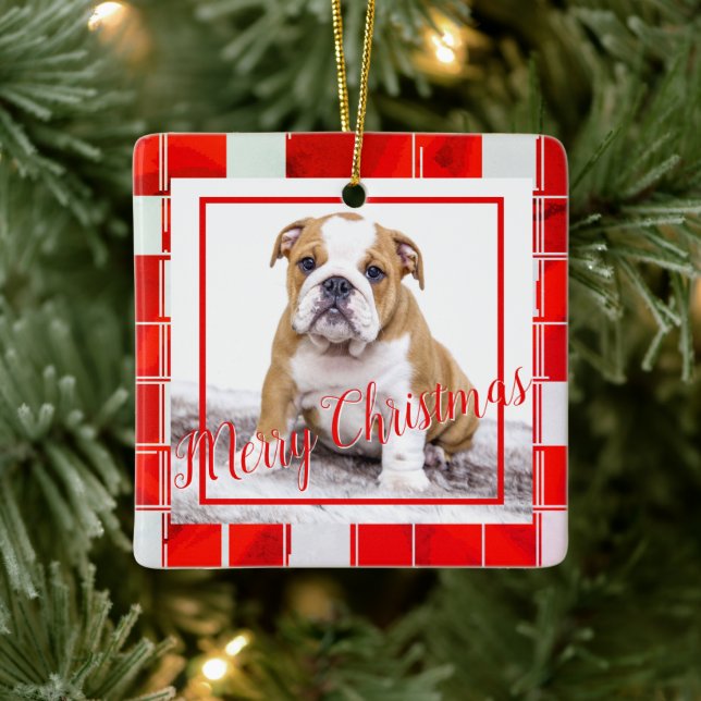 Red Kariert Bulldog Dog Foto Frohe Weihnachten Keramikornament (Baum)