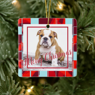 Red Kariert Bulldog Dog Foto Frohe Weihnachten Keramikornament