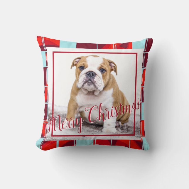Red Kariert Bulldog Dog Foto Frohe Weihnachten Kissen (Vorderseite)