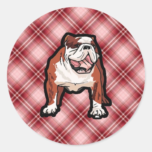 Red Kariert Bulldog Runder Aufkleber (Vorderseite)