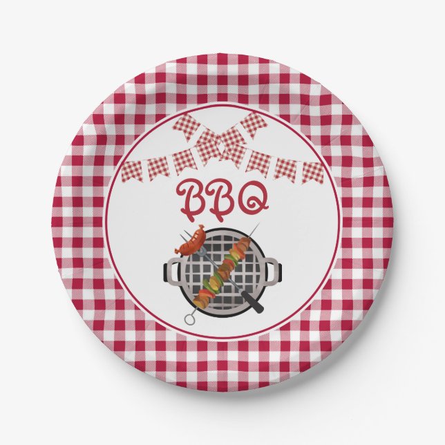 Red Kariert Bunting Banner GRILLEN Party Pappteller (Vorderseite)