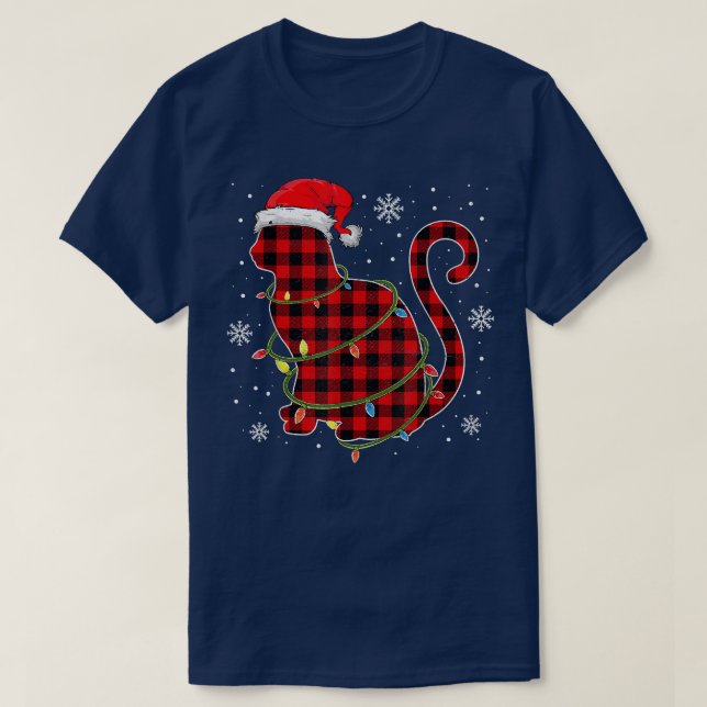 Red Kariert Cat Weihnachtsmannmütze Christmas Paja T-Shirt (Design vorne)