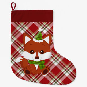 Red Kariert Christmas Fox Strumpf Großer Weihnachtsstrumpf