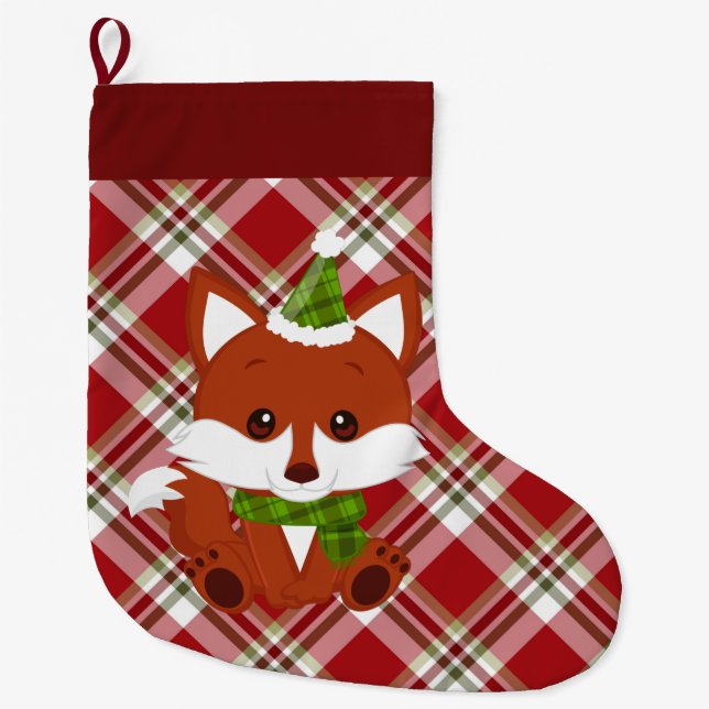 Red Kariert Christmas Fox Strumpf Großer Weihnachtsstrumpf (Vorderseite)
