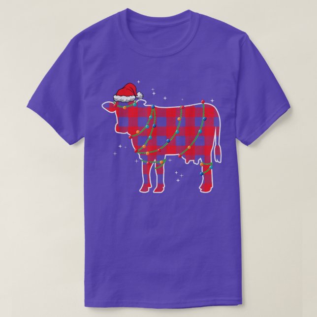 Red Kariert Cow Bull Weihnachtsbeleuchtung Weihnac T-Shirt (Design vorne)