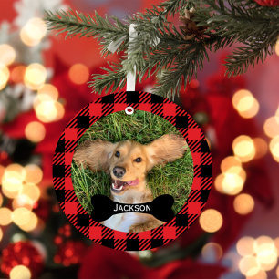 Red Kariert Custom Bone Namplate Dog Foto Ornament