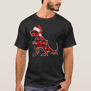 Red Kariert Dinosaur Rex Christmas Lights Tree PJ  T-Shirt