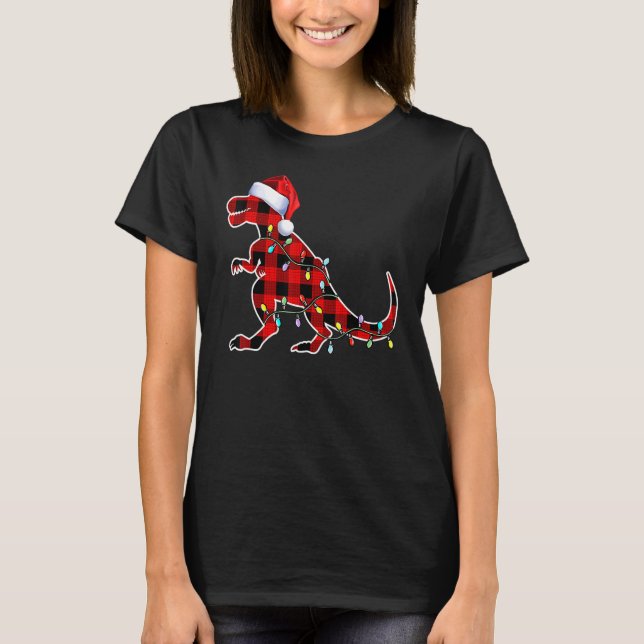 Red Kariert Dinosaur Rex Christmas Lights Tree PJ  T-Shirt (Vorderseite)