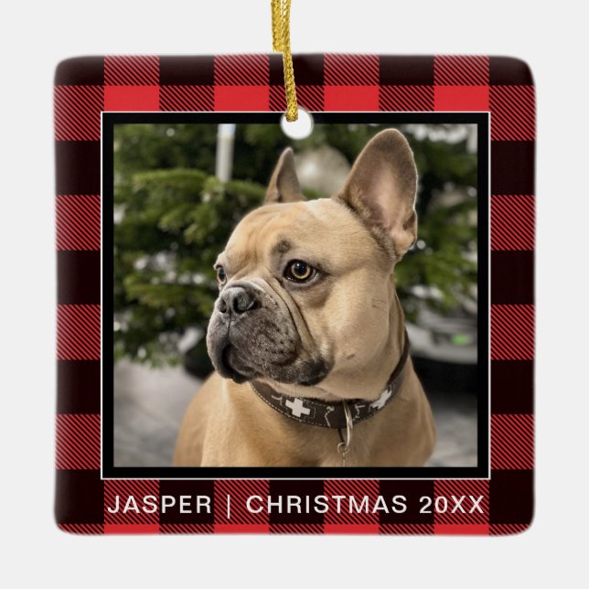 Red Kariert| Family Dog Foto Weihnachten halten Keramikornament (Vorderseite)