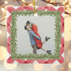 Red Kariert Gingham Foto 1. Weihnachten Verheirate Keramikornament