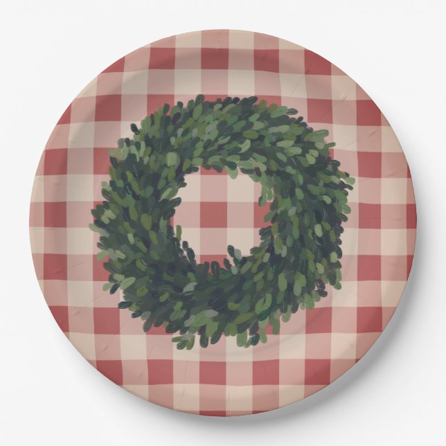 Red Kariert Gingham Wreath Bauernhaus Deco Pappteller (Vorderseite)