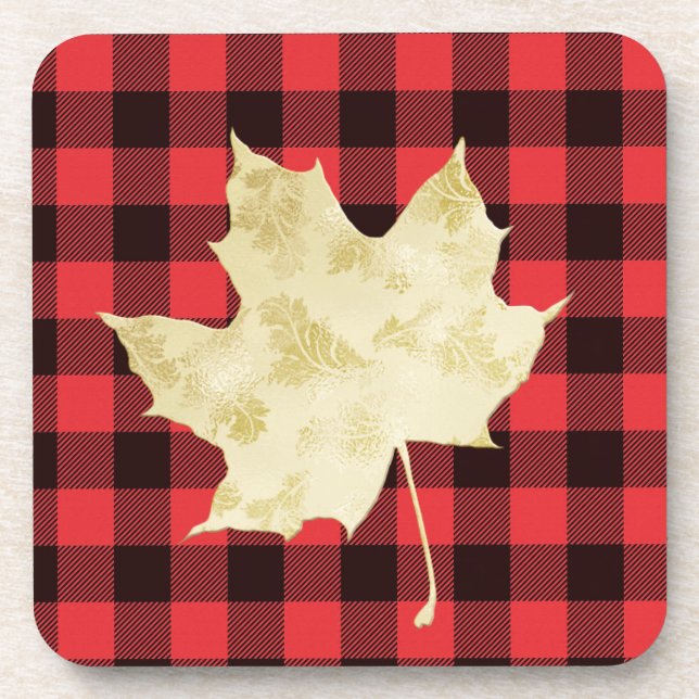Red Kariert Gold Maple Leaf Getränkeuntersetzer (Vorderseite)