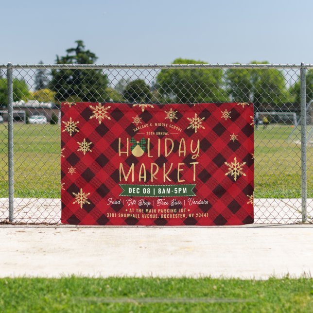 Red Kariert Gold Snowflags Holiday Market Banner (InSitu)
