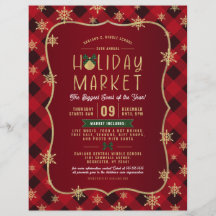 Red Kariert Gold Snowflake Holiday Market Flyer