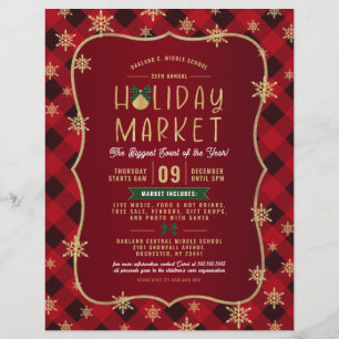 Red Kariert Gold Snowflake Holiday Market Flyer