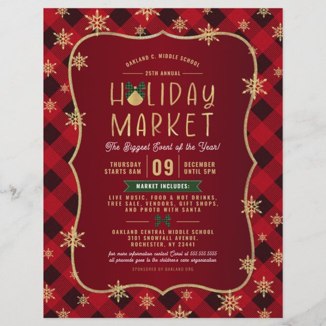 Red Kariert Gold Snowflake Holiday Market Flyer (Vorne)