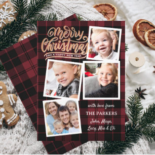 Red Kariert Golden Christmas Collage Einladung
