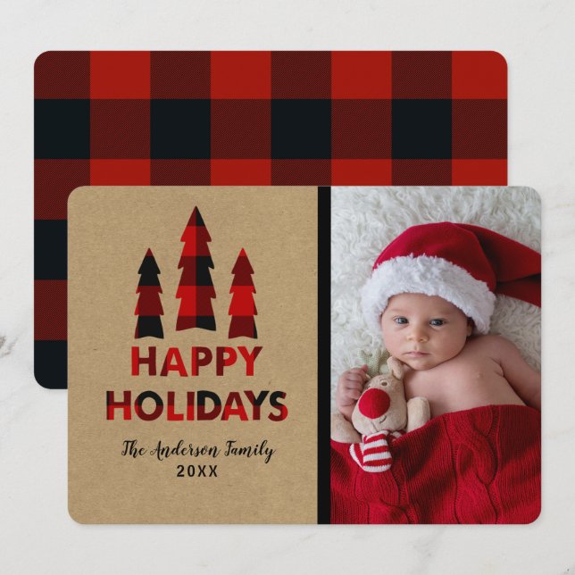 Red Kariert Happy Holidays Weihnachtsbaumen Kraft Einladung (Vorne/Hinten)