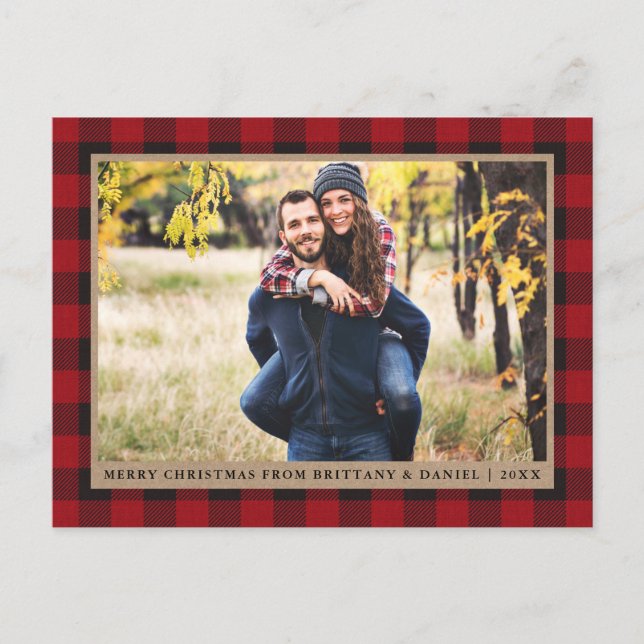 Red Kariert Kraft Couple Foto Frohe Weihnachten Postkarte (Vorderseite)