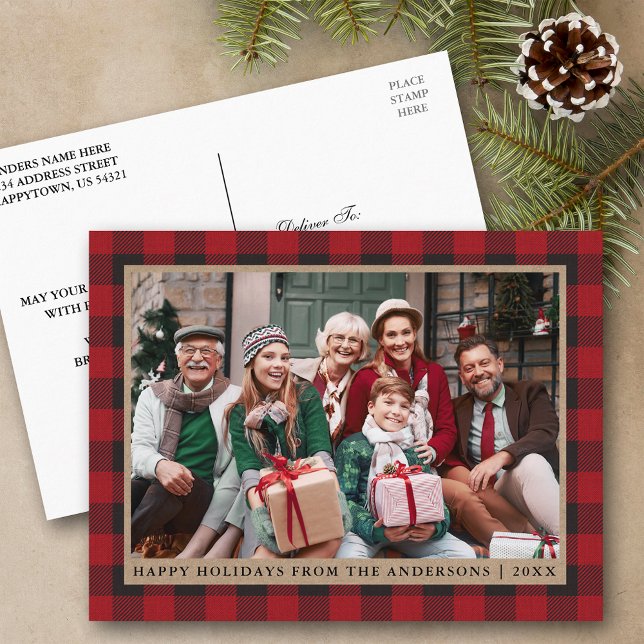 Red Kariert Kraft Family Foto Happy Holidays Postkarte (Customize to change text size or text style.)