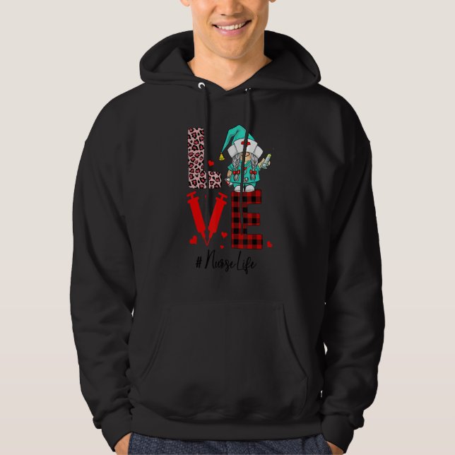 Red Kariert Leopard Pattern Liebe Valentine Gnome  Hoodie (Vorderseite)