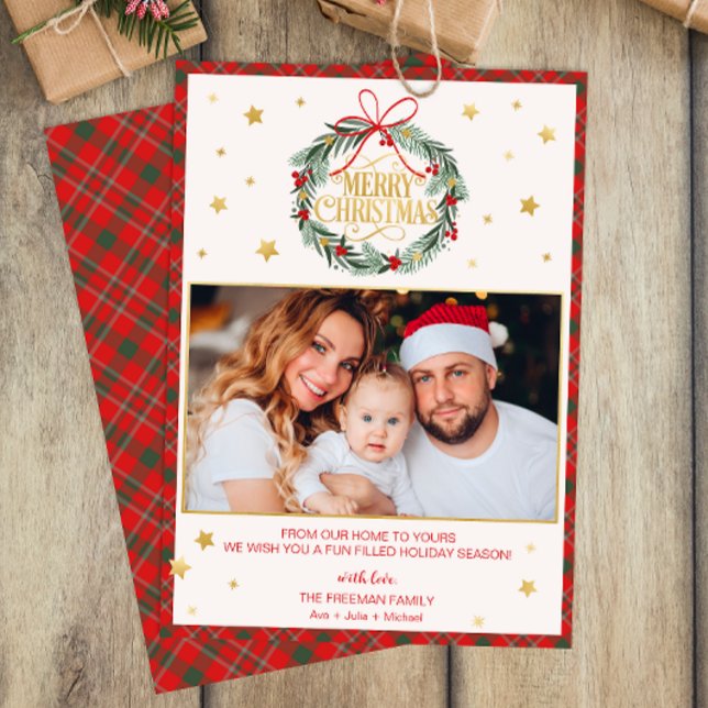 Red Kariert Merry Christmas Family Foto Card Einladung (Personalized Christmas Card)