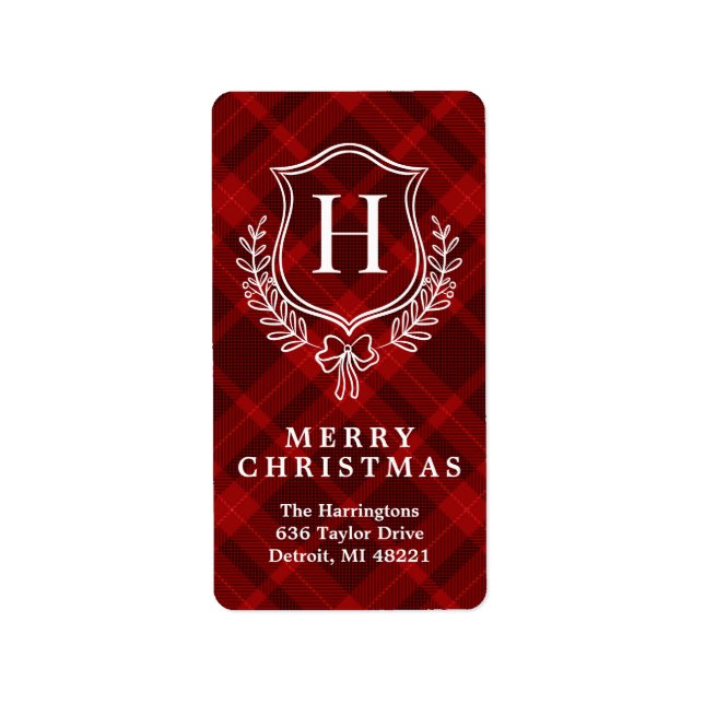 Red Kariert Monogram Christmas Rücksendeadresse Adressaufkleber (Vorne)