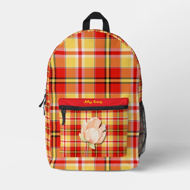 Red Kariert Patches Backpack Bedruckter Rucksack (Vorderseite)