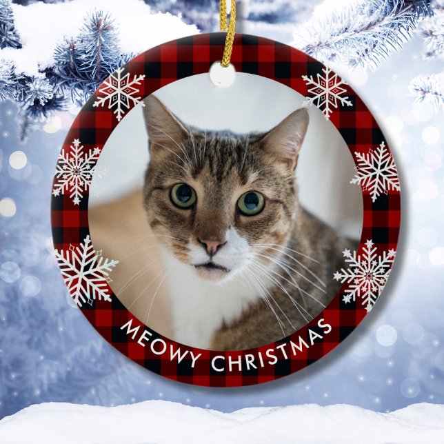 Red Kariert Pattern Cat Foto Meowa Weihnachten Keramik Ornament (Red Plaid Pattern Cat Photo Meowy Christmas Ceramic Ornament
)