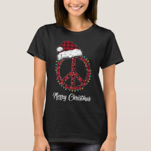 Red Kariert Peace Signature Christmas Lights Hippi T-Shirt