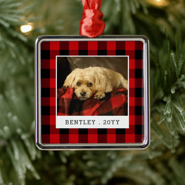 Red Kariert Pet Foto Holiday Ornament Aus Metall (Baum)