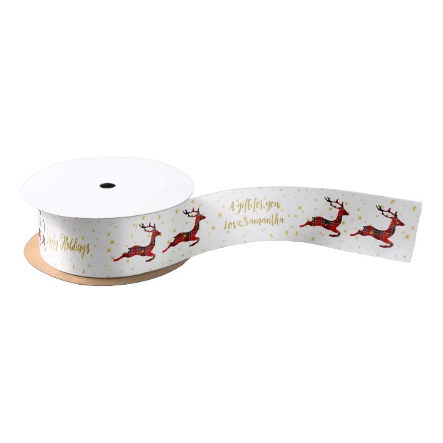 Red Kariert Reindeer White Satin Christmas Wrap Satinband (Spule)