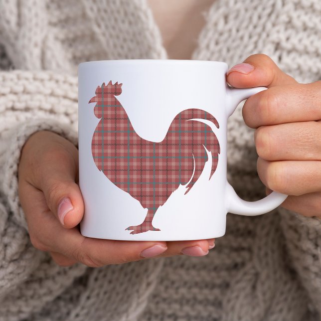 Red Kariert Rooster Kaffeetasse (red plaid rooster mug)